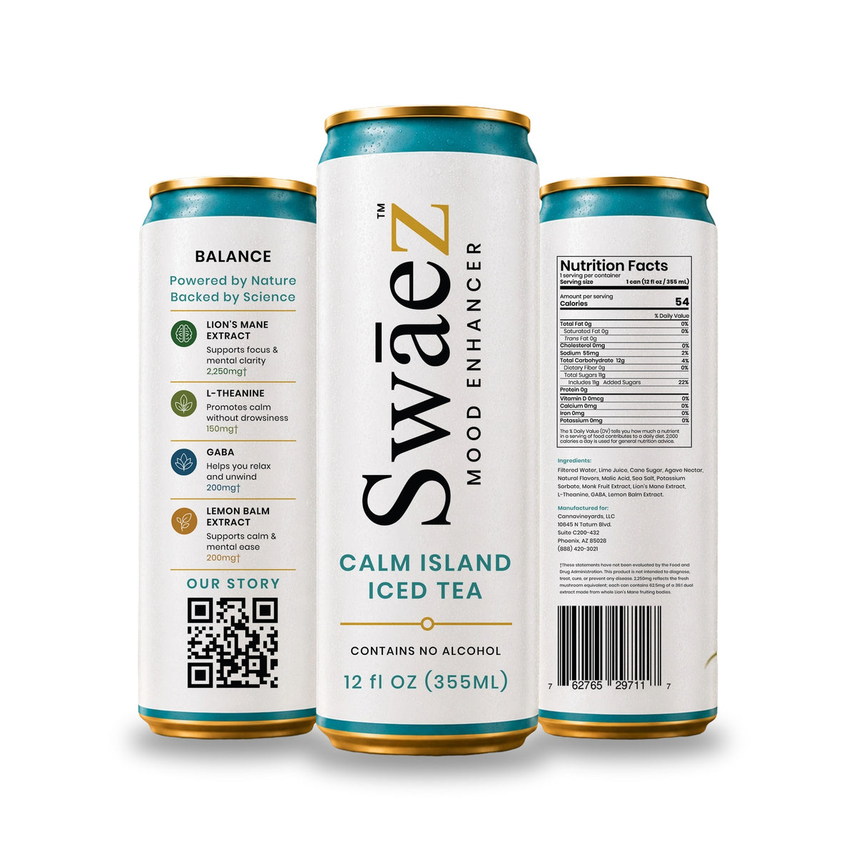 SwāeZ Mood Enhancer Calm Island Iced Tea 12 fl oz can on white background