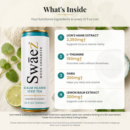 What's inside SwāeZ Calm Island Iced Tea: Lion's Mane Extract, L-Theanine, GABA and Lemon Balm Extract