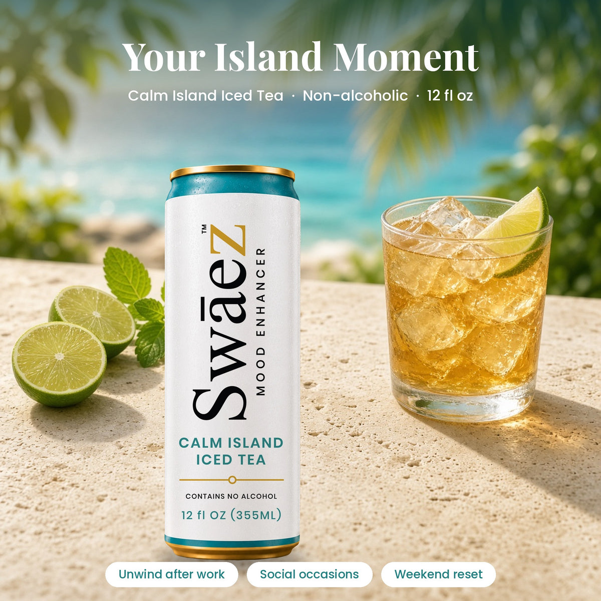 SwāeZ Calm Island Iced Tea can in a relaxed lifestyle setting