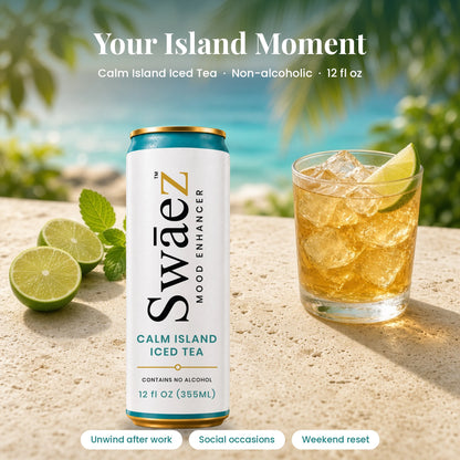 SwāeZ Calm Island Iced Tea can in a relaxed lifestyle setting