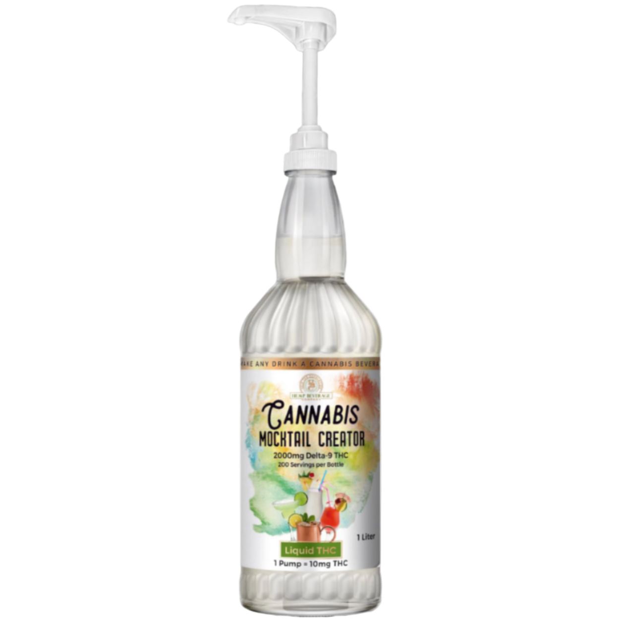 Bottle labeled 'Cannabis Mocktail Creator' with a pump on a white background