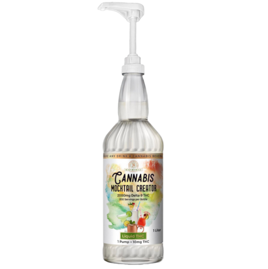 Bottle labeled 'Cannabis Mocktail Creator' with a pump on a white background